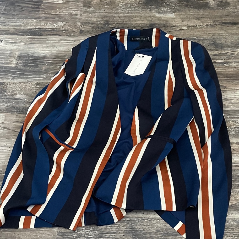 Lavish Alice Women's Striped Cape Blazer - Blue, White, Brown